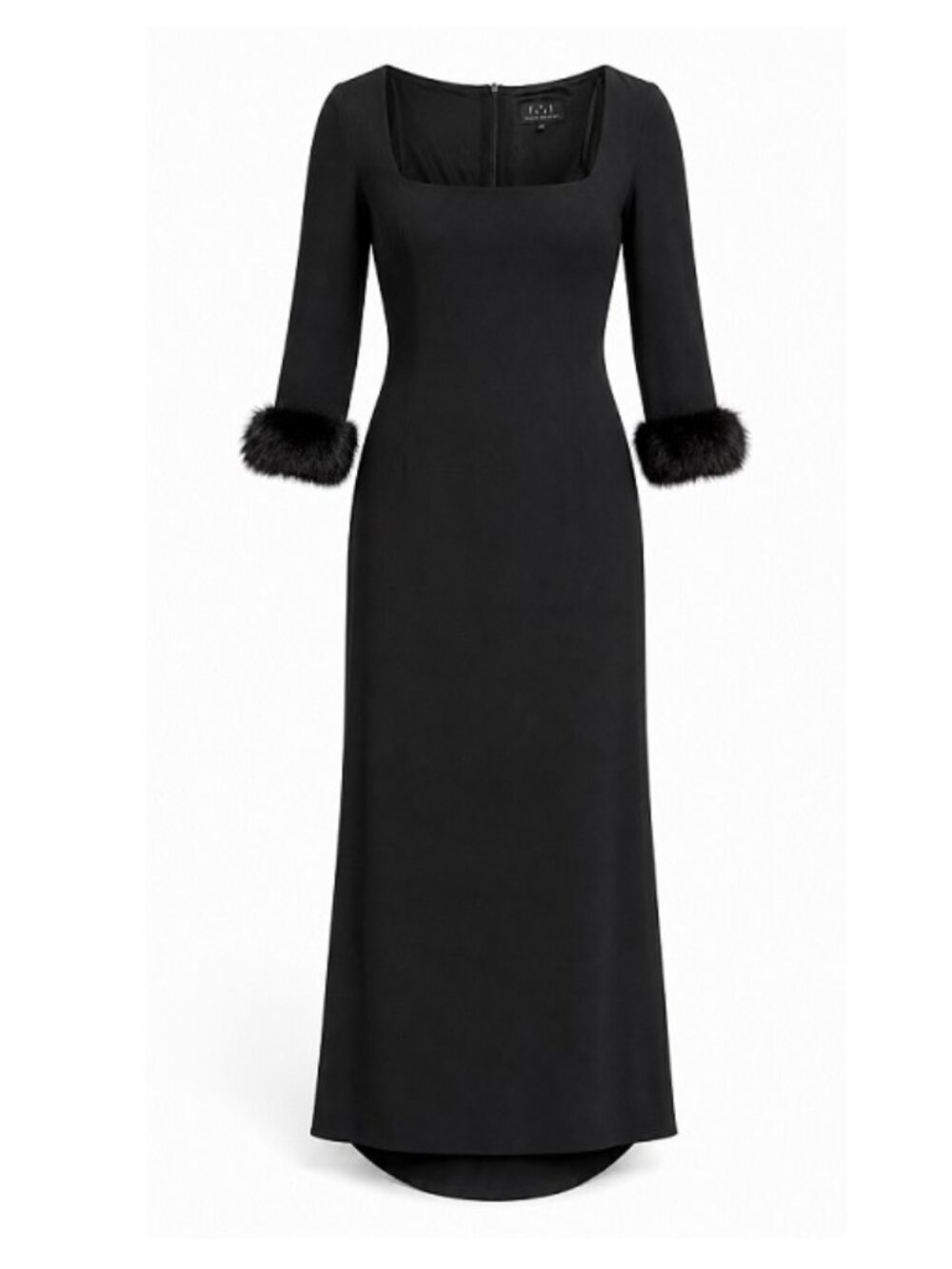DAVID MEISTER 6 Black Faux Fur Cuff Evening Gown Square Neck Long Floor Length